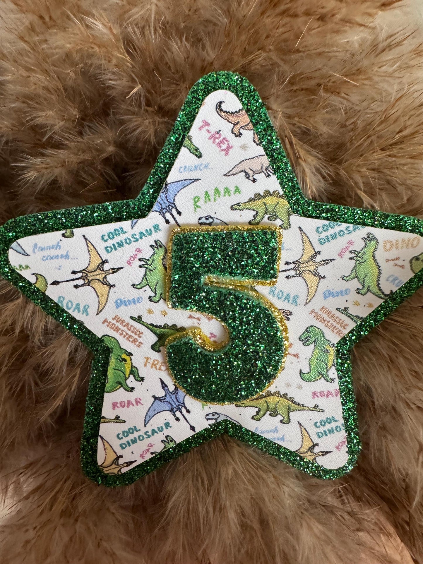 Personalised Dinosaur Birthday Badge: Glitter Felt Star, Handmade Dino Party Pin