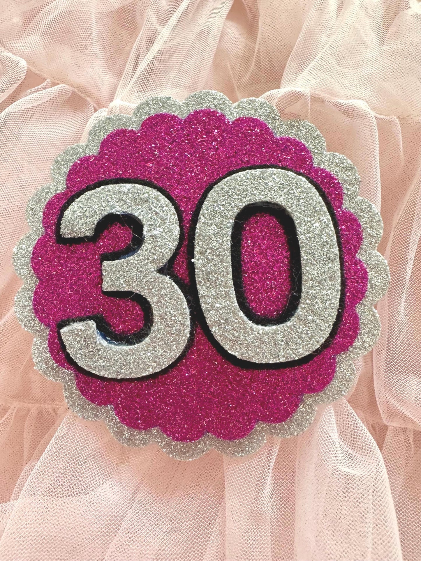 Glitter Birthday Badges: Pink & Silver Milestone Party Pins