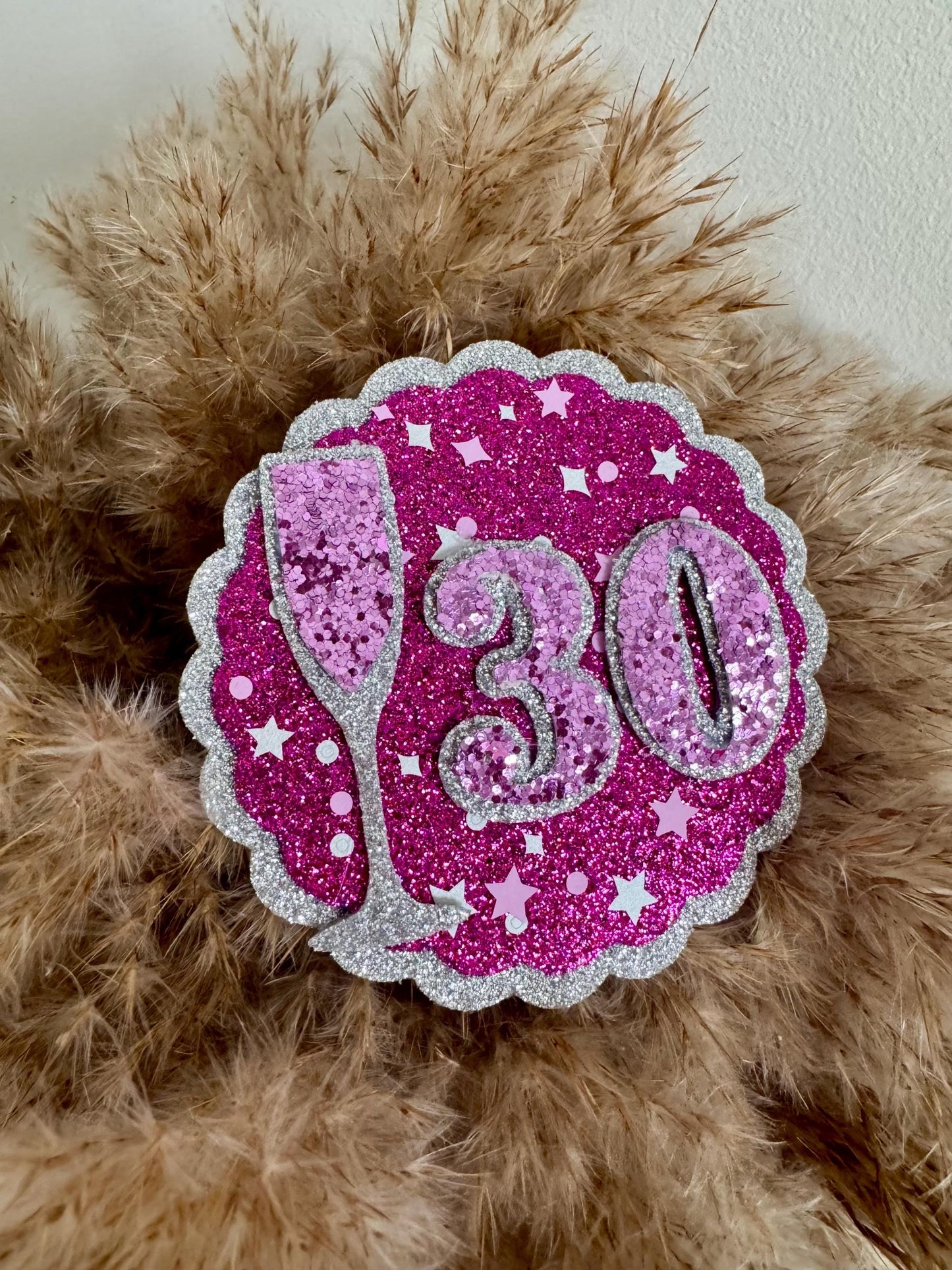 Sparkly Birthday Badge: Pink Glitter Milestone Party Pin