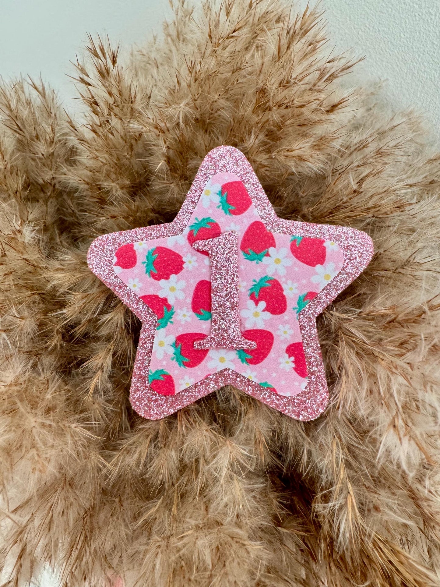 Berry First Birthday Girl Mini Badge: Handmade Glitter Strawberry Star Pin
