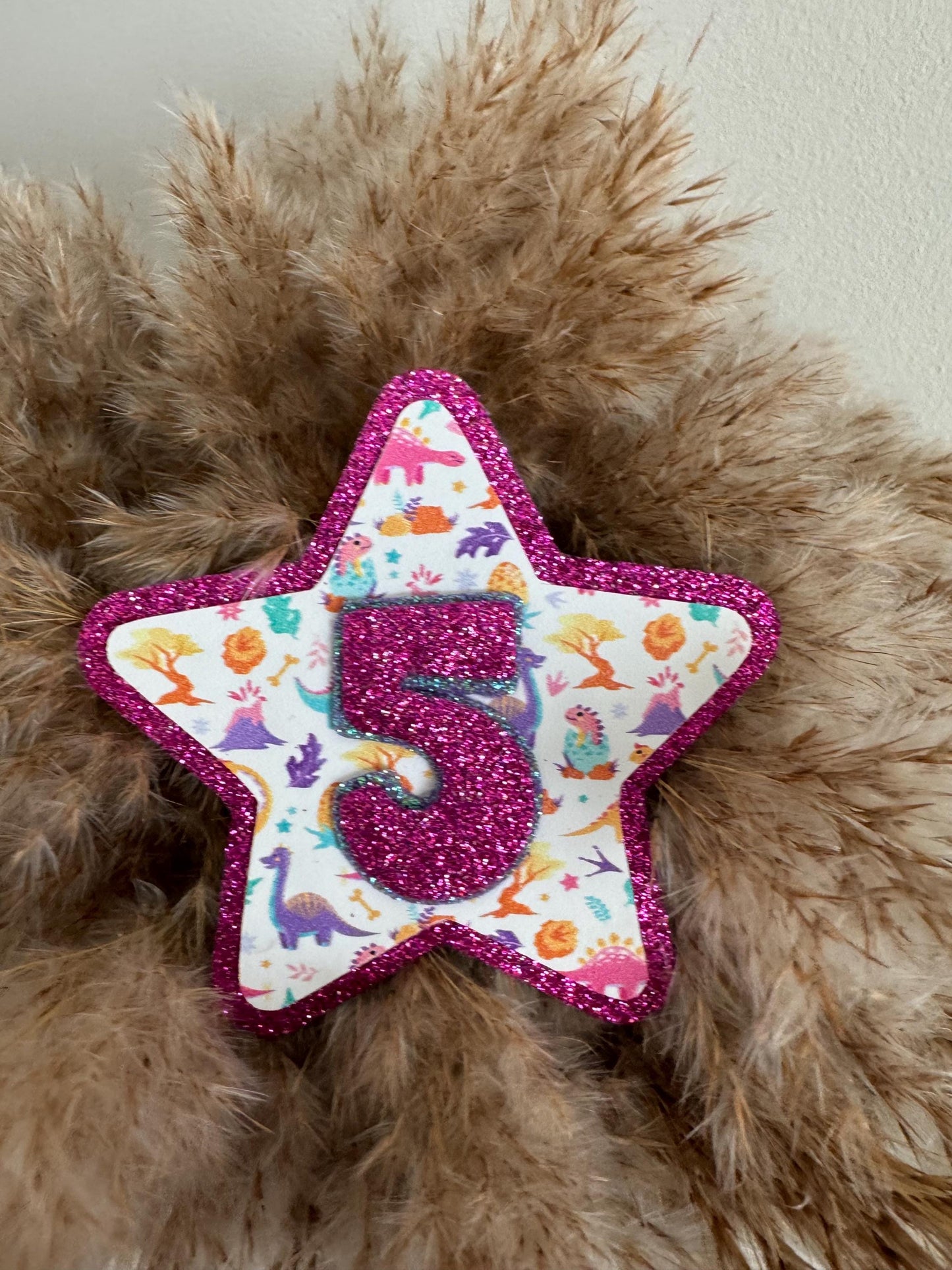 Custom Dinosaur Birthday Badge: Glitter Felt Star, Handmade Party Pin