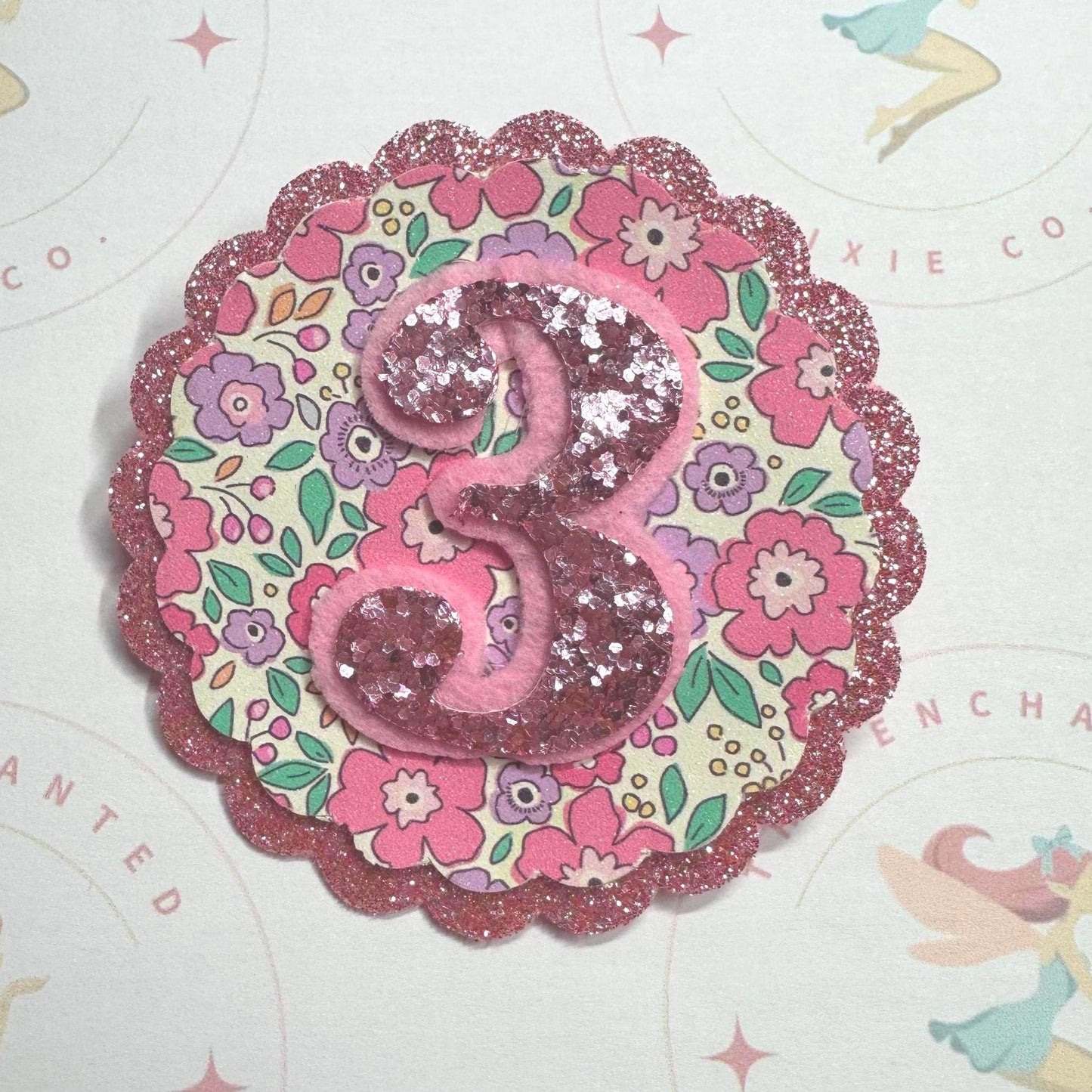 Personalised Glitter Birthday Badge: Floral Liberty Party Pin, Any Age