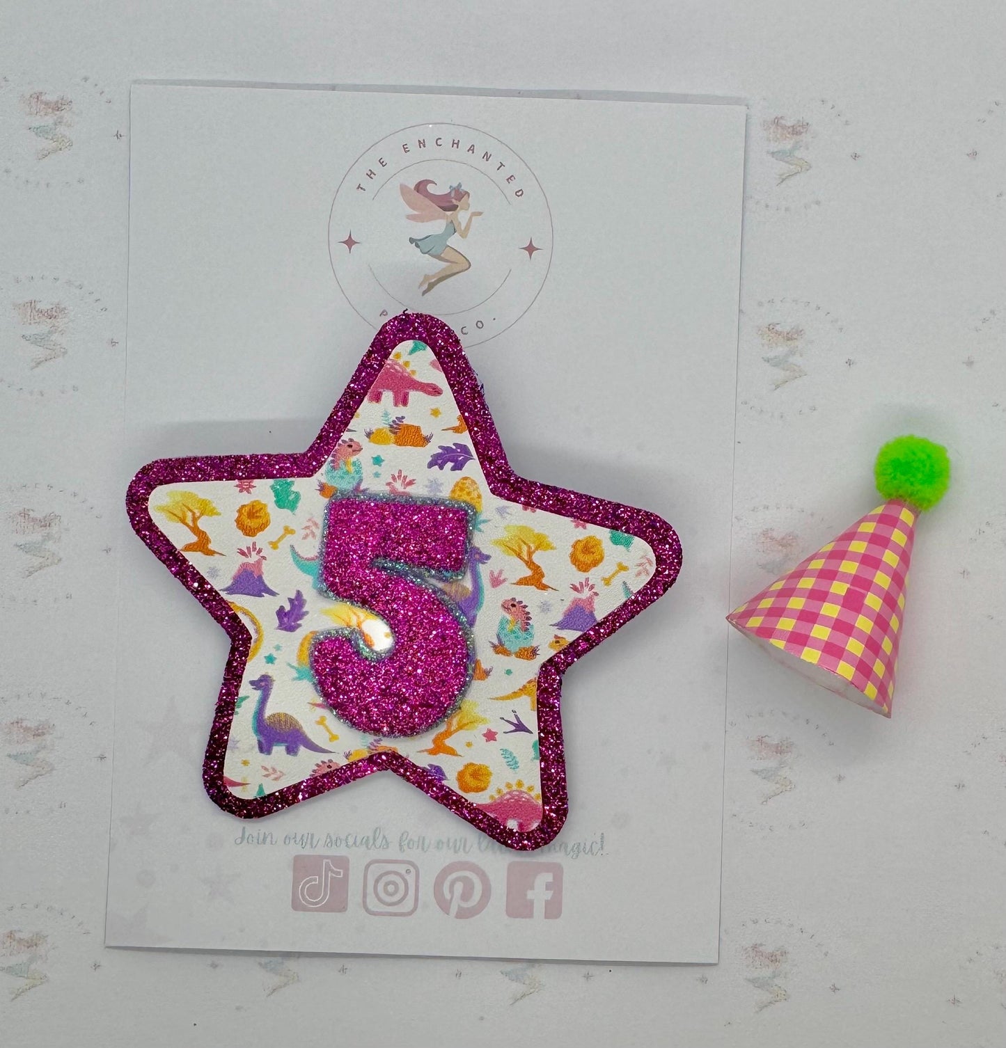 Custom Dinosaur Birthday Badge: Glitter Felt Star, Handmade Party Pin