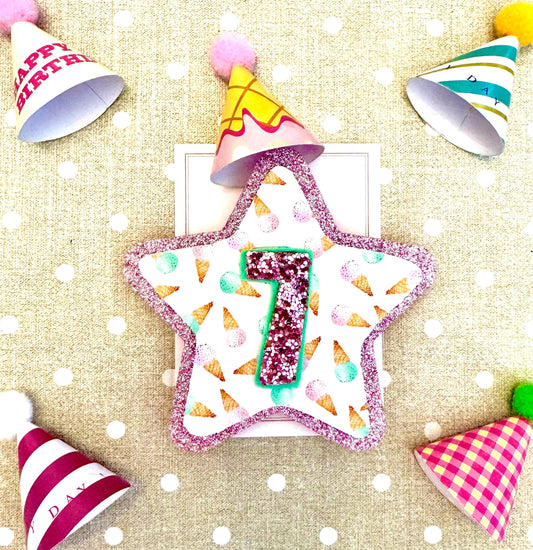 Personalised Ice Cream Star Birthday Badge: Glitter Felt, Custom Age
