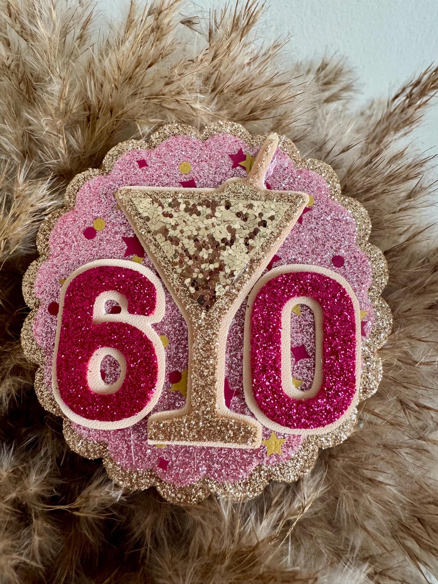 Personalised Any Age Birthday Badge Pink & Gold Glitter Martini Party Pin 70th 60th