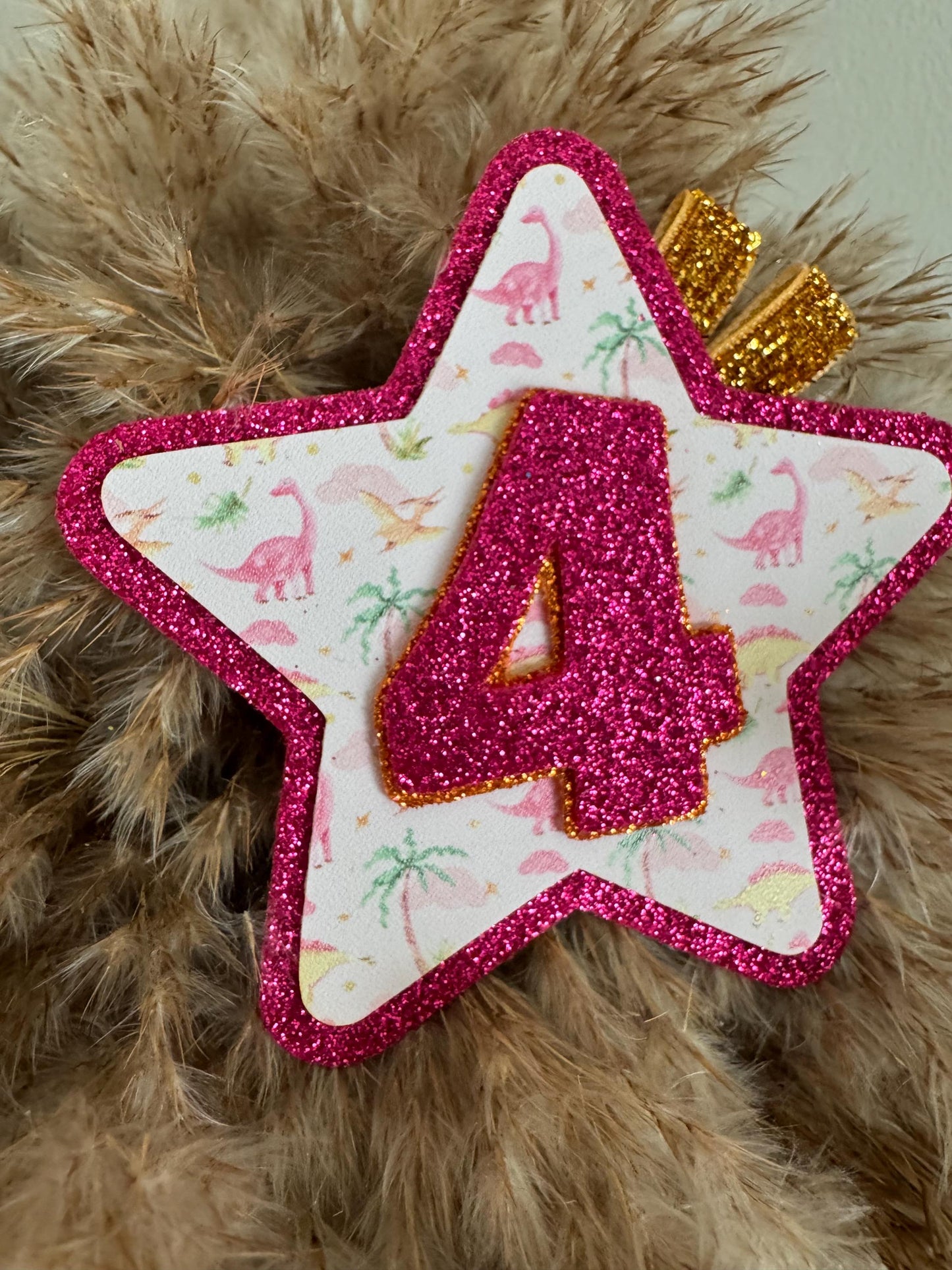 Custom Dinosaur Birthday Badge: Glitter Felt Star, Handmade Party Pin