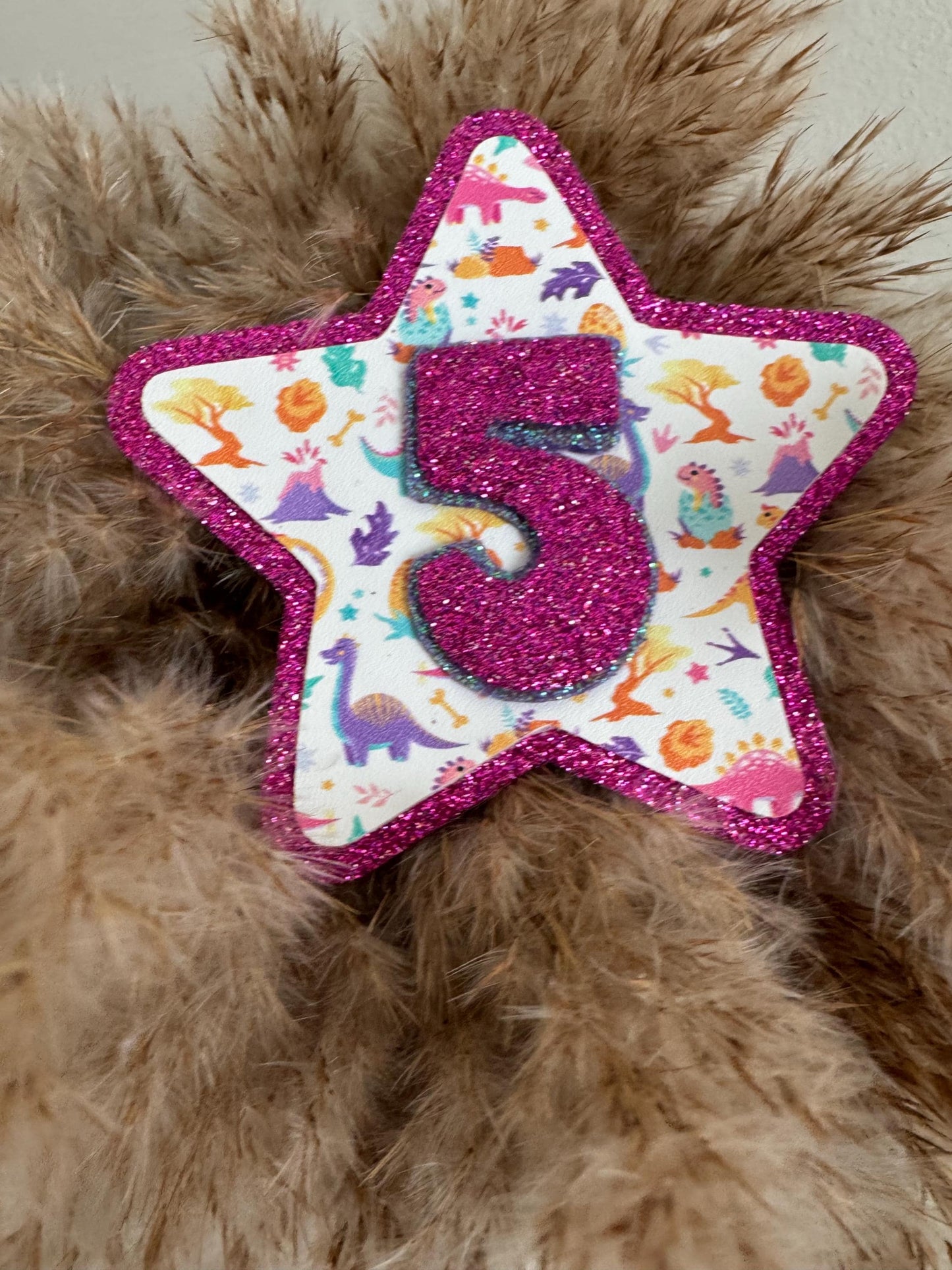Custom Dinosaur Birthday Badge: Glitter Felt Star, Handmade Party Pin