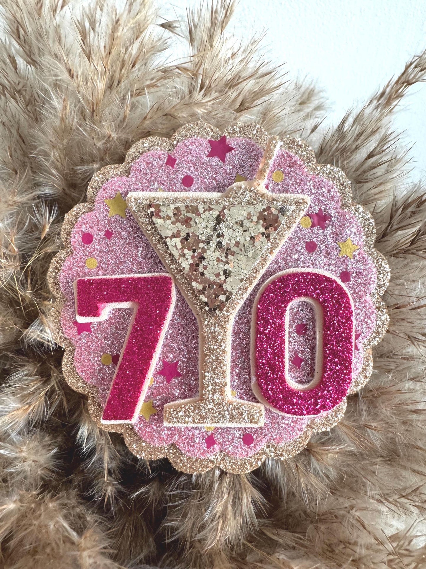 Personalised Any Age Birthday Badge Pink & Gold Glitter Martini Party Pin 70th 60th