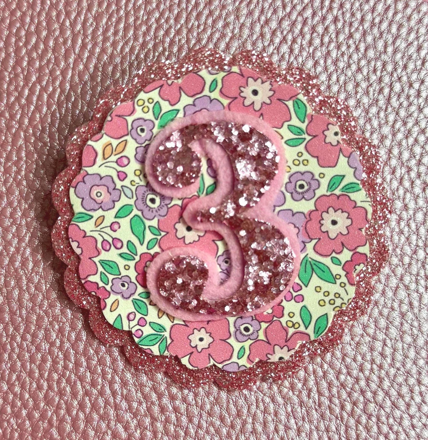 Personalised Glitter Birthday Badge: Floral Liberty Party Pin, Any Age