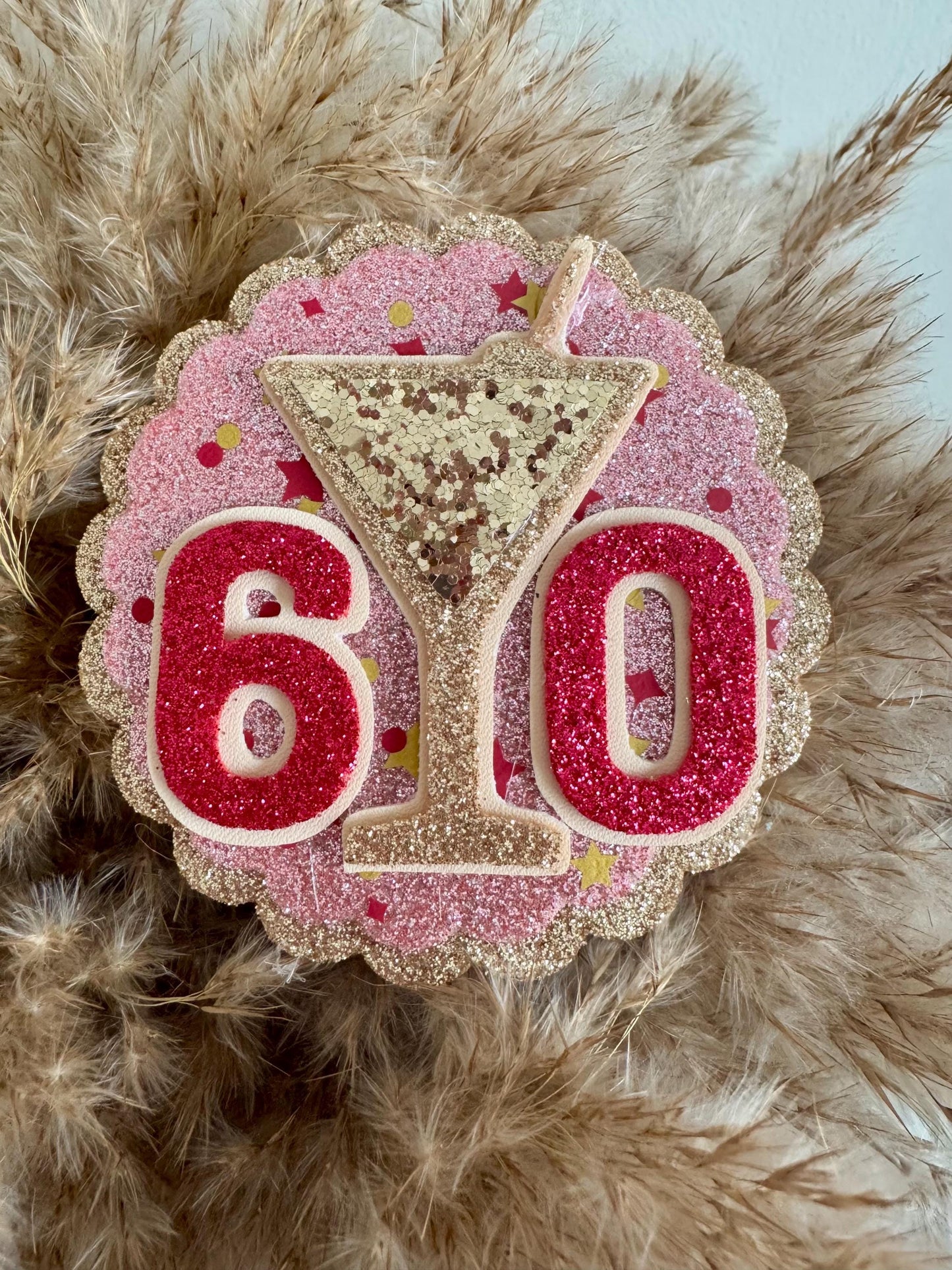 Personalised Any Age Birthday Badge Pink & Gold Glitter Martini Party Pin 70th 60th