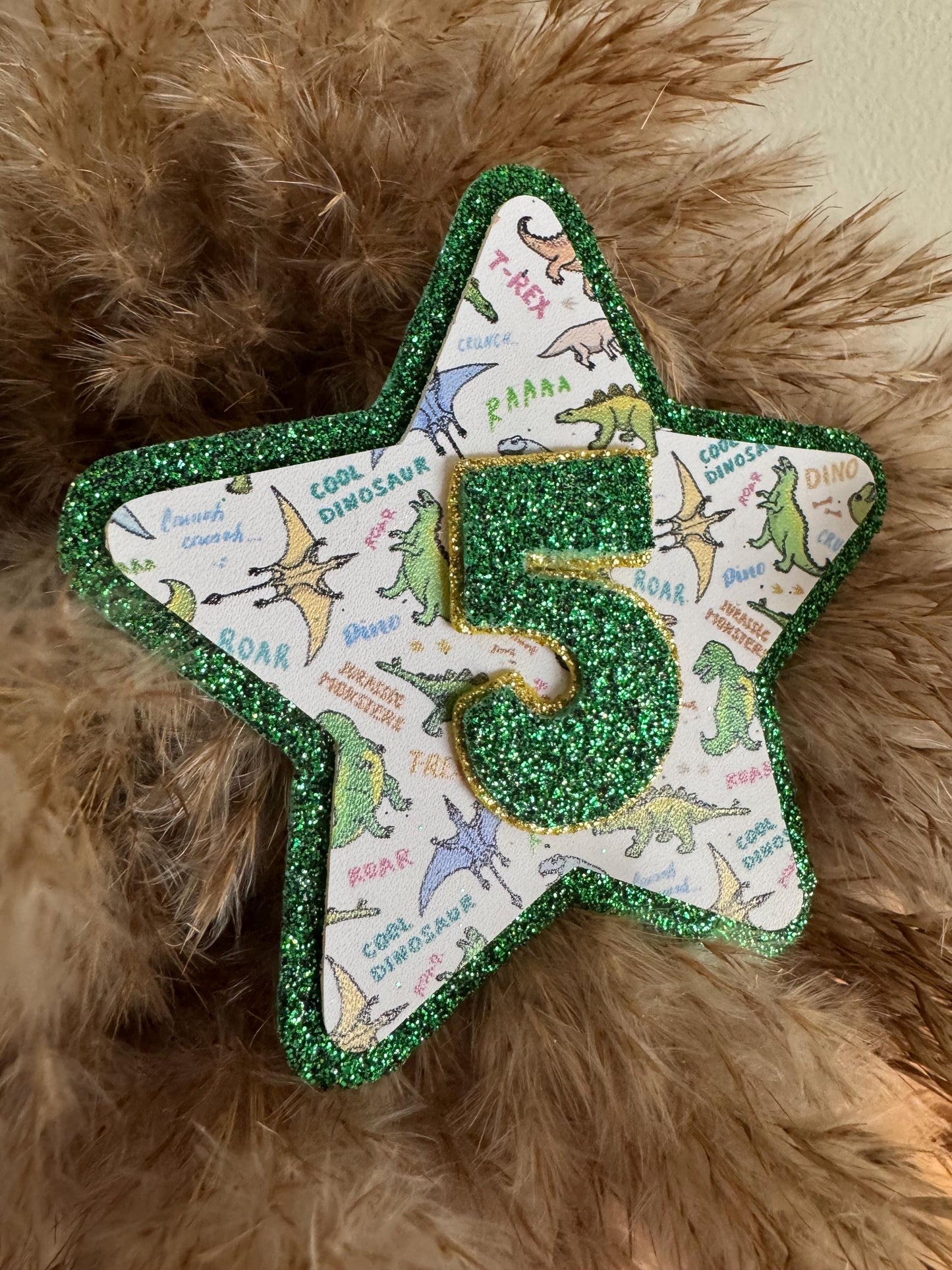 Personalised Dinosaur Birthday Badge: Glitter Felt Star, Handmade Dino Party Pin