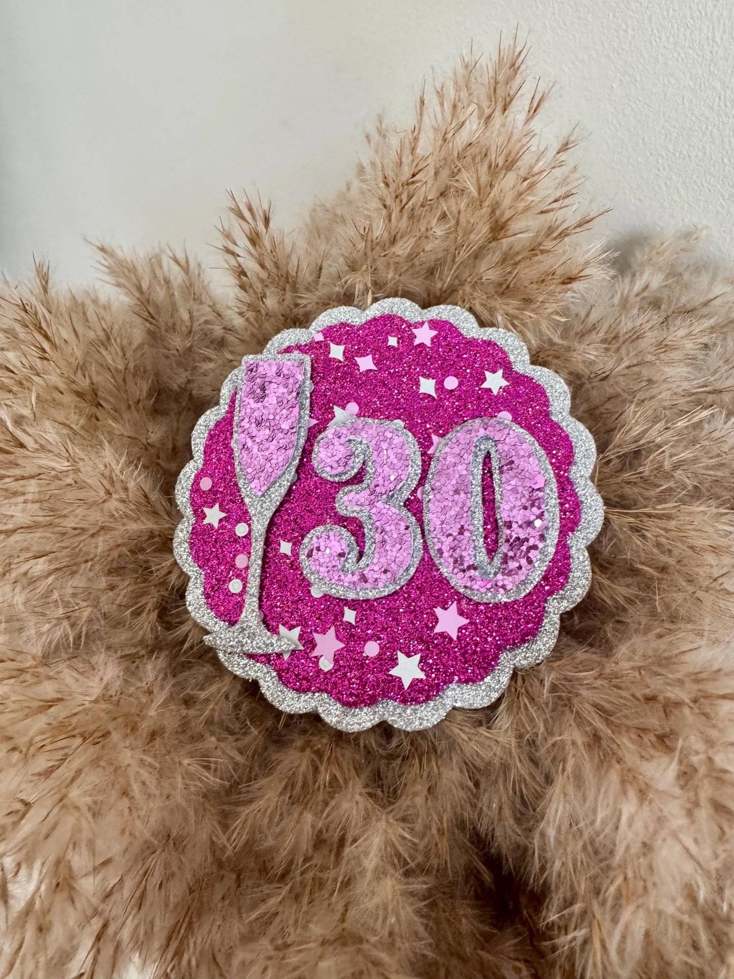 Sparkly Birthday Badge: Pink Glitter Milestone Party Pin