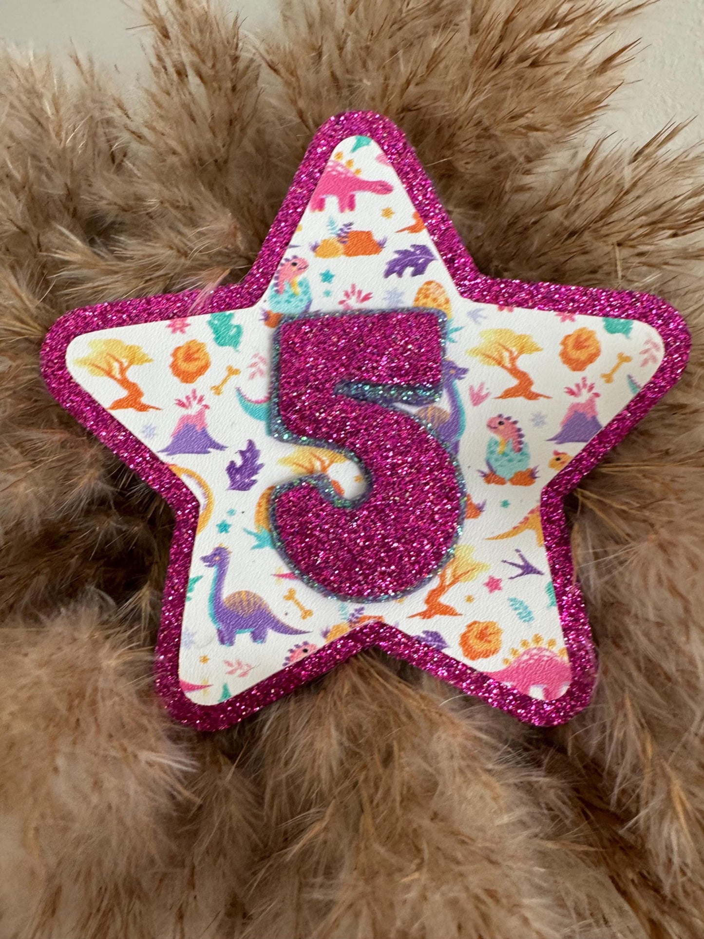 Custom Dinosaur Birthday Badge: Glitter Felt Star, Handmade Party Pin