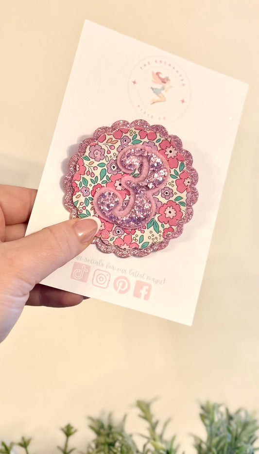 Personalised Glitter Birthday Badge: Floral Liberty Party Pin, Any Age