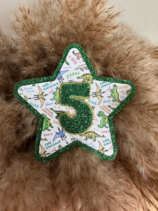 Personalised Dinosaur Birthday Badge: Glitter Felt Star, Handmade Dino Party Pin
