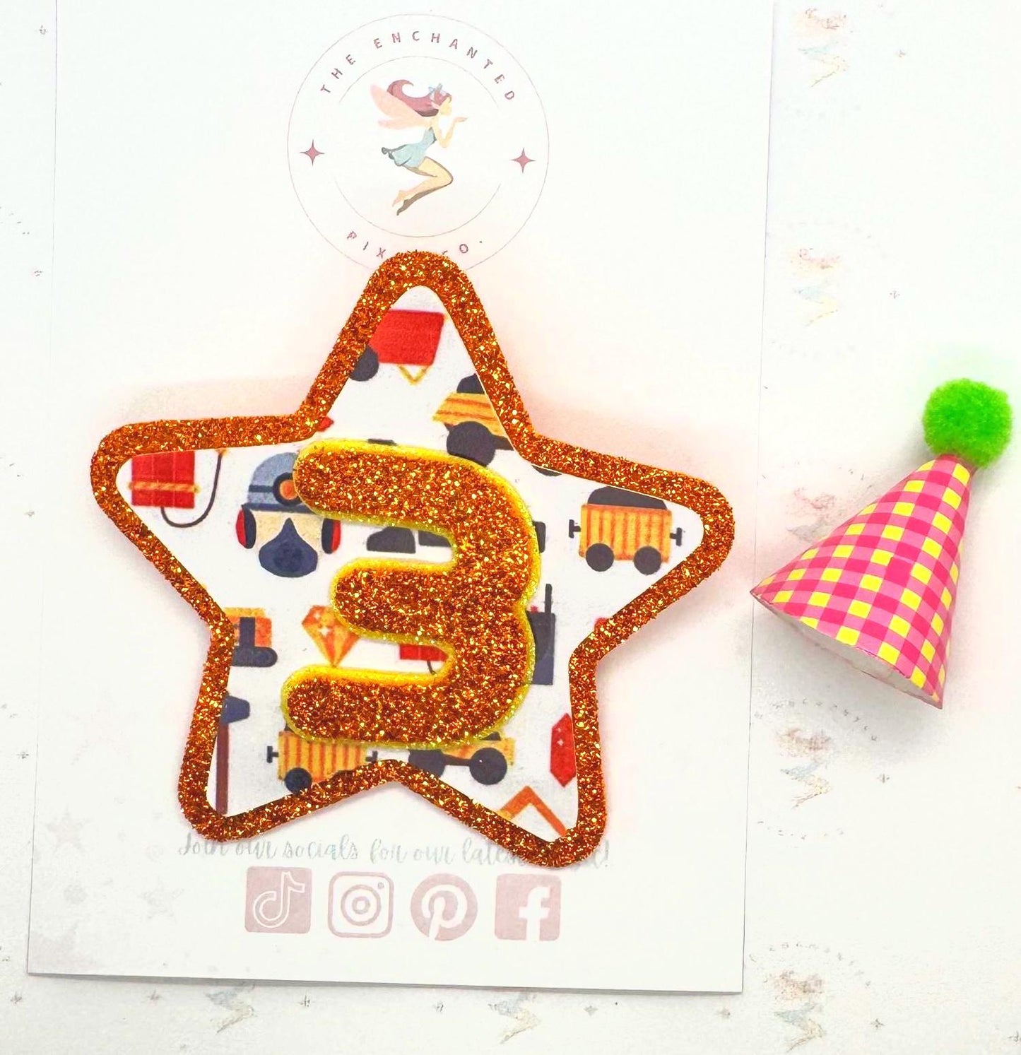 Digger Birthday Badge: Orange Glitter Construction Truck Party Pin