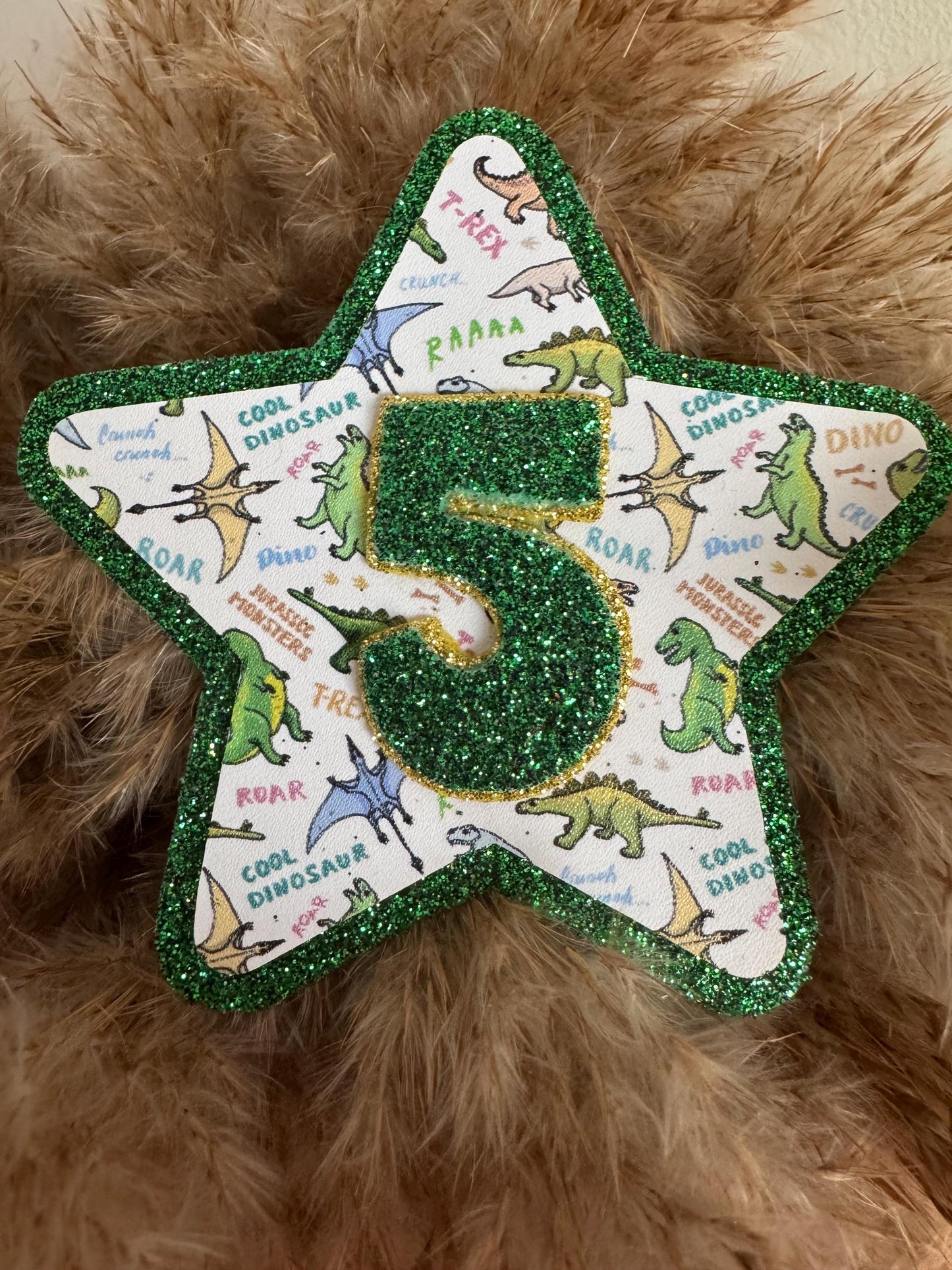 Personalised Dinosaur Birthday Badge: Glitter Felt Star, Handmade Dino Party Pin