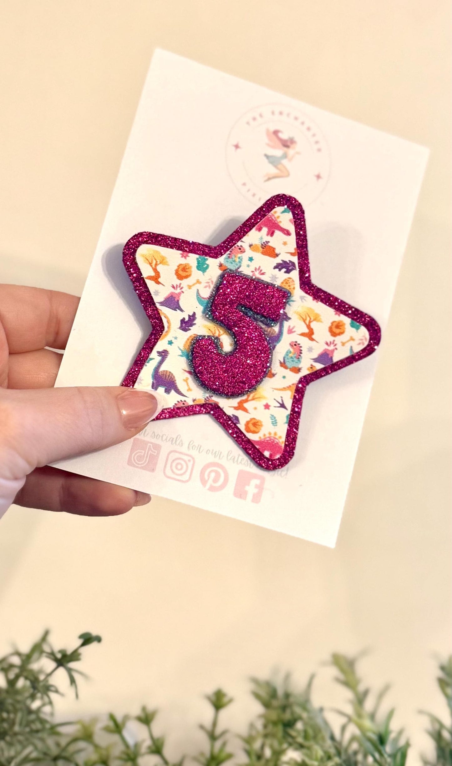 Custom Dinosaur Birthday Badge: Glitter Felt Star, Handmade Party Pin