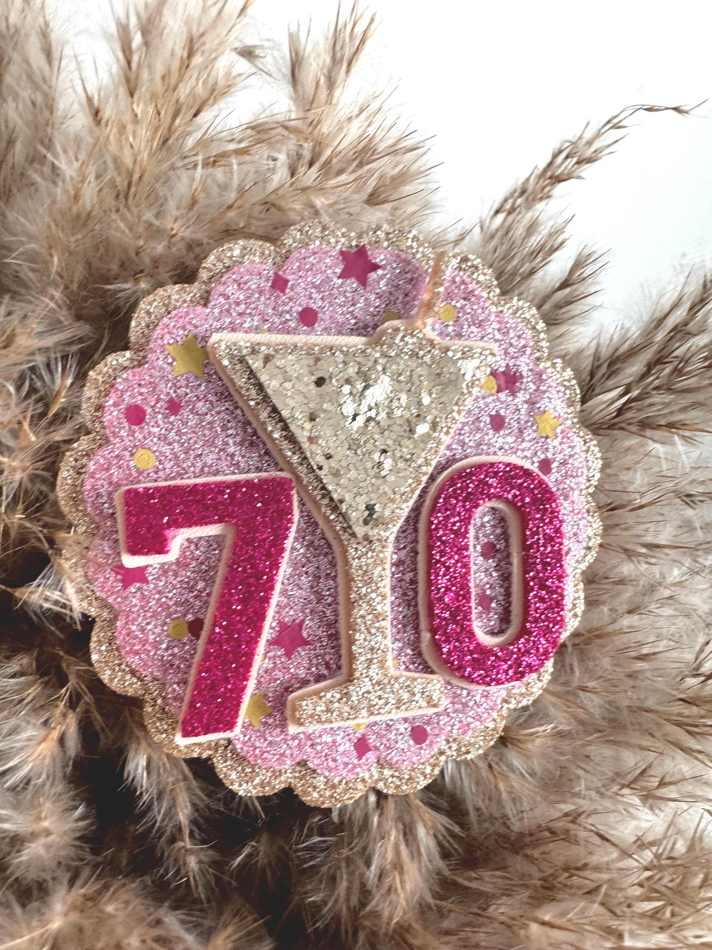 Personalised Any Age Birthday Badge Pink & Gold Glitter Martini Party Pin 70th 60th
