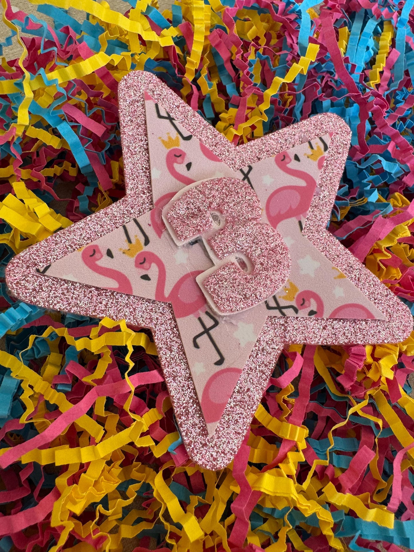 Flamingo baby pink birthday sparkle glitter star badge all ages