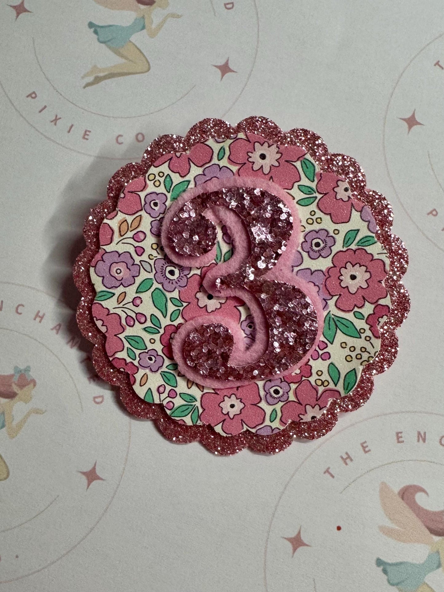 Personalised Glitter Birthday Badge: Floral Liberty Party Pin, Any Age