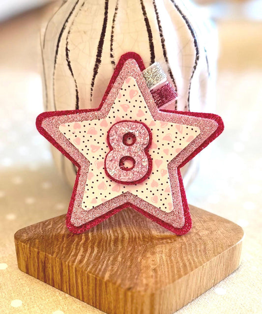 Glitter Star Birthday Badge: Custom Age, Pink Party Pin