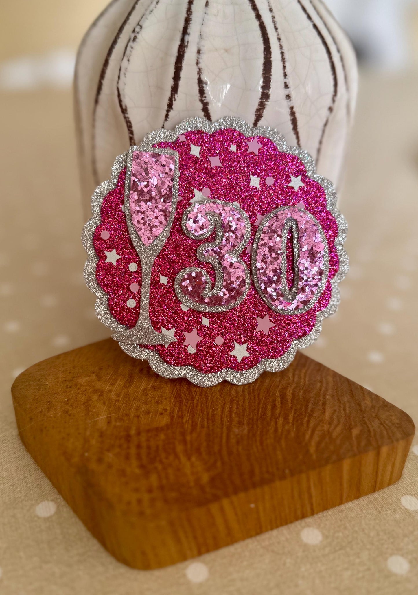 Sparkly Birthday Badge: Pink Glitter Milestone Party Pin