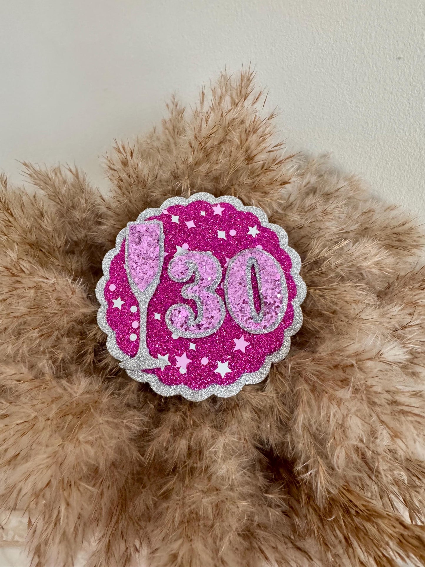 Sparkly Birthday Badge: Pink Glitter Milestone Party Pin