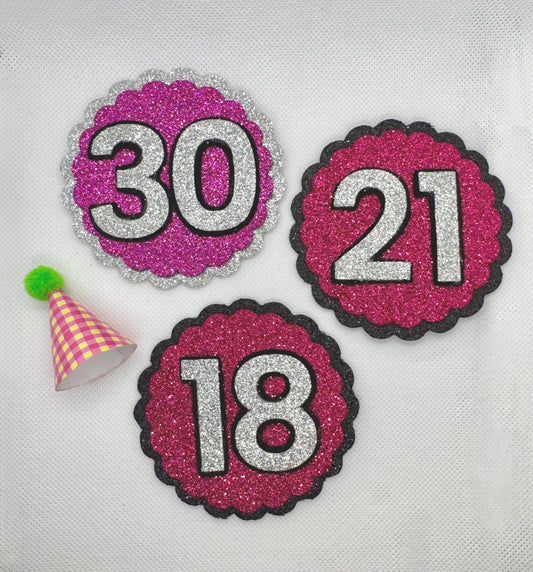 Glitter Birthday Badges: Pink & Silver Milestone Party Pins