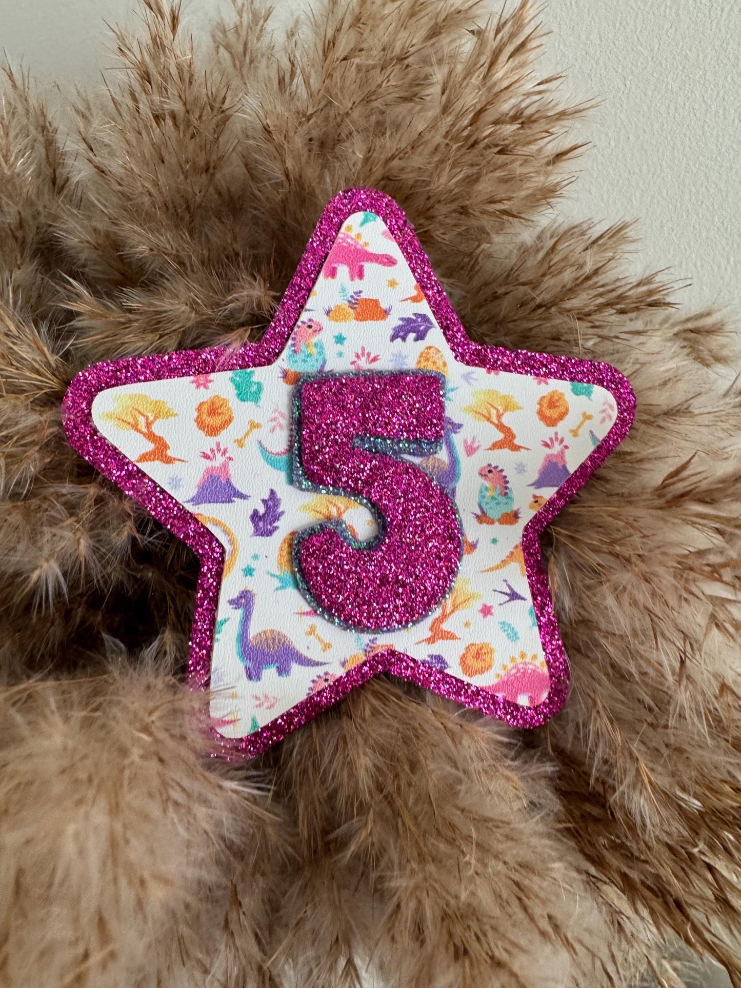 Custom Dinosaur Birthday Badge: Glitter Felt Star, Handmade Party Pin