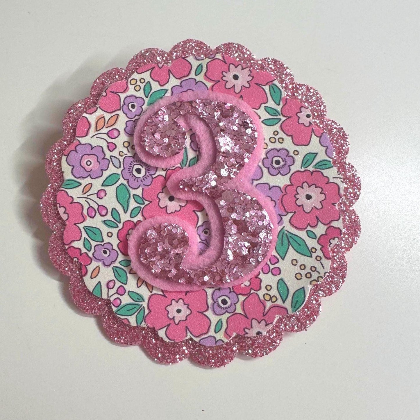 Personalised Glitter Birthday Badge: Floral Liberty Party Pin, Any Age