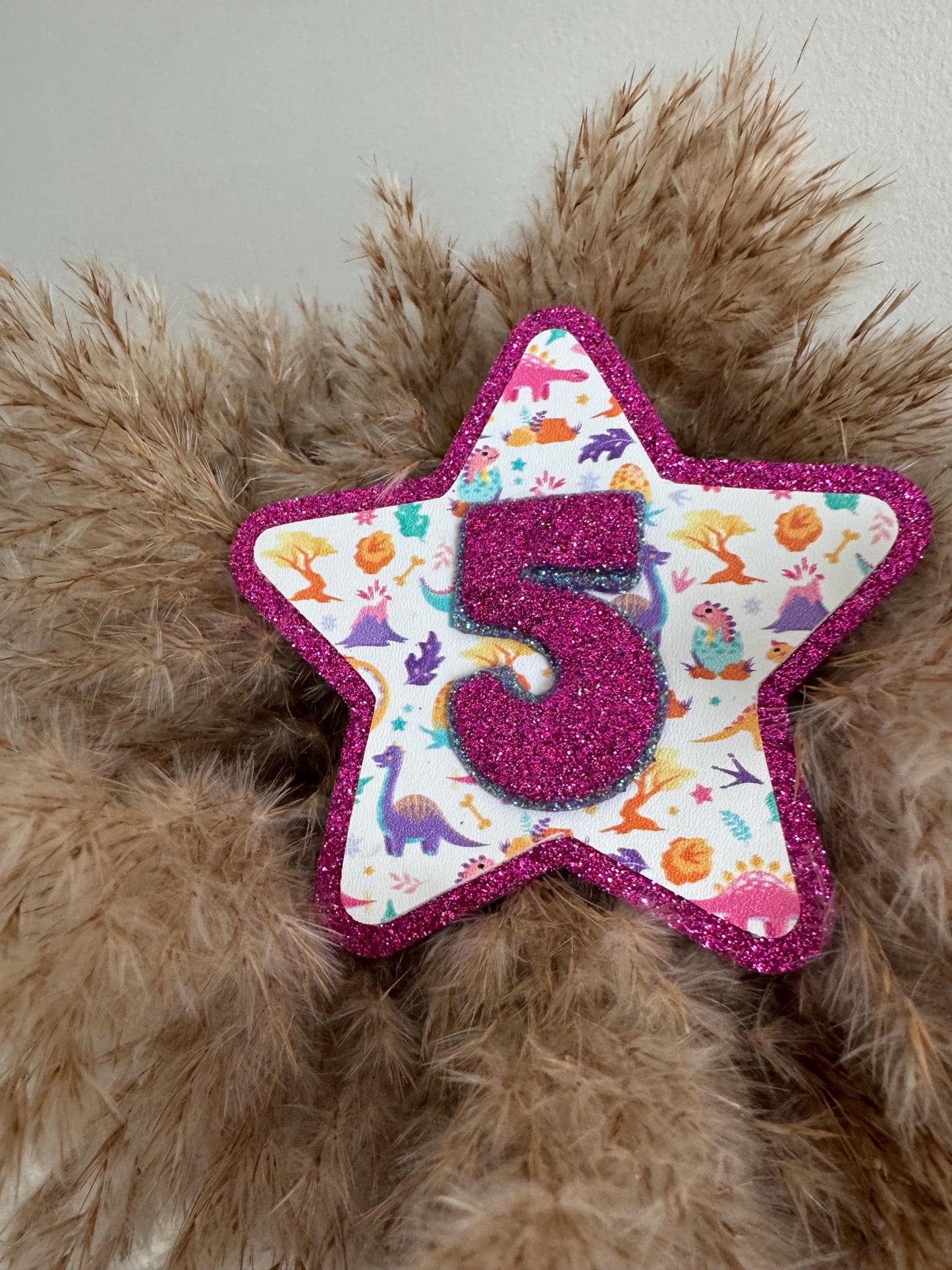 Custom Dinosaur Birthday Badge: Glitter Felt Star, Handmade Party Pin