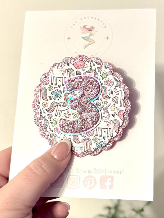 Unicorn Birthday Badge – Glitter Scallop Badge for Kids, Handmade Party Accessory
