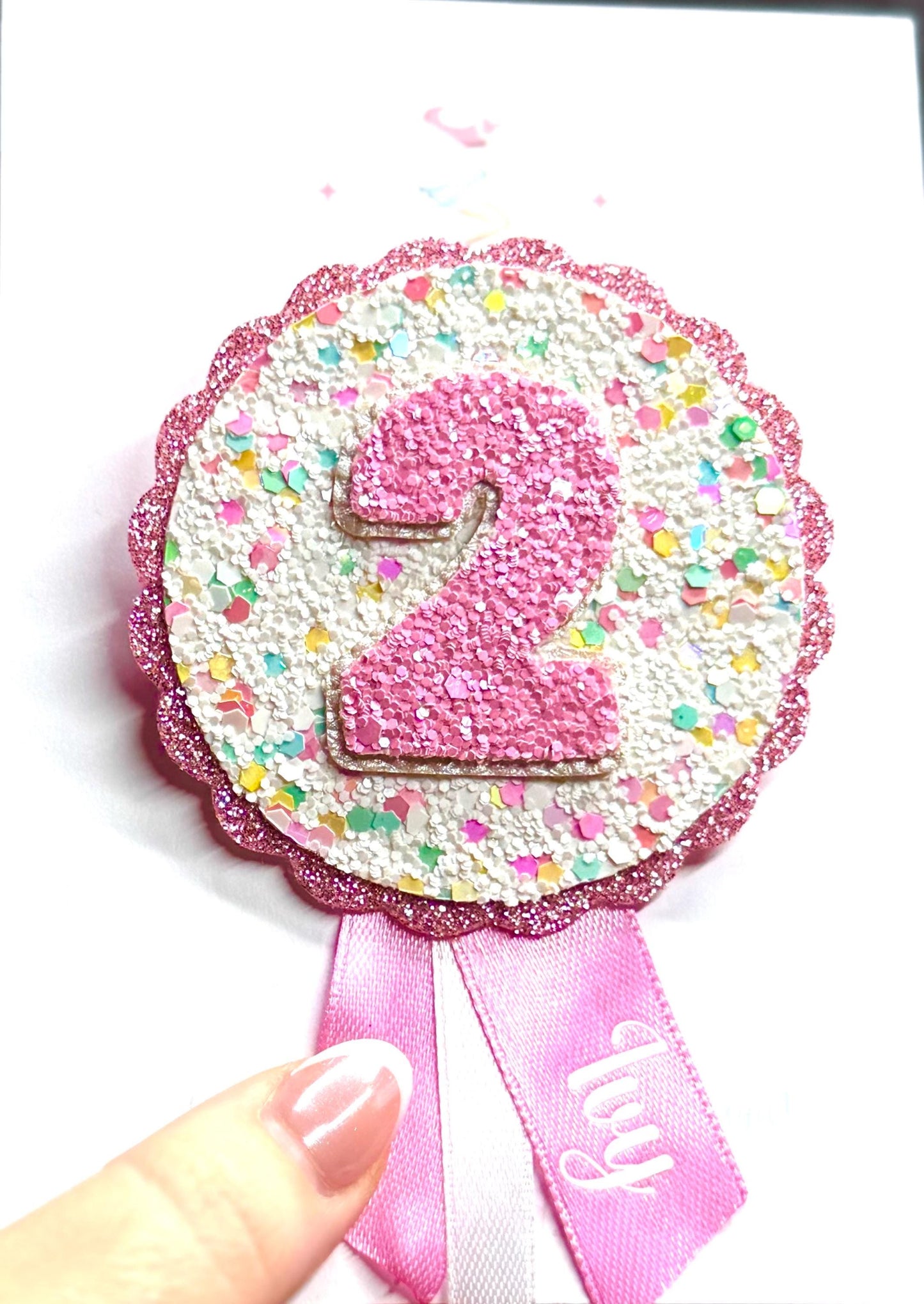 Pink Confetti Glitter Girls Birthday Badge, Any Age - Personalised