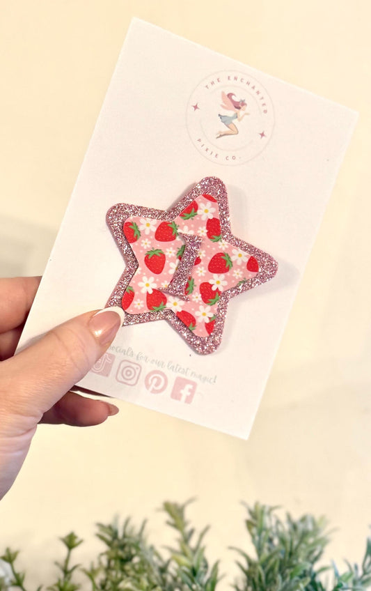 Berry First Birthday Girl Mini Badge: Handmade Glitter Strawberry Star Pin