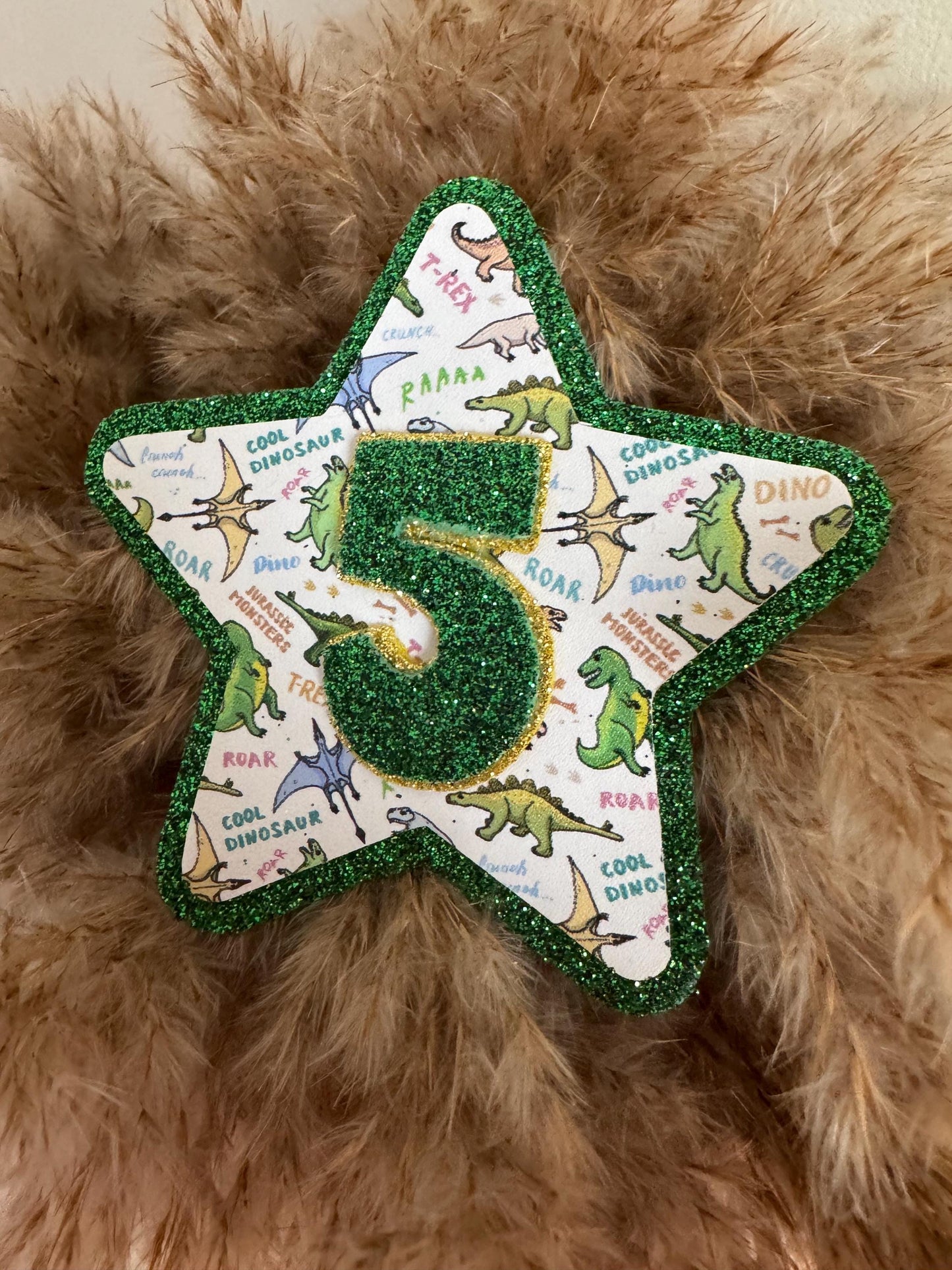 Personalised Dinosaur Birthday Badge: Glitter Felt Star, Handmade Dino Party Pin