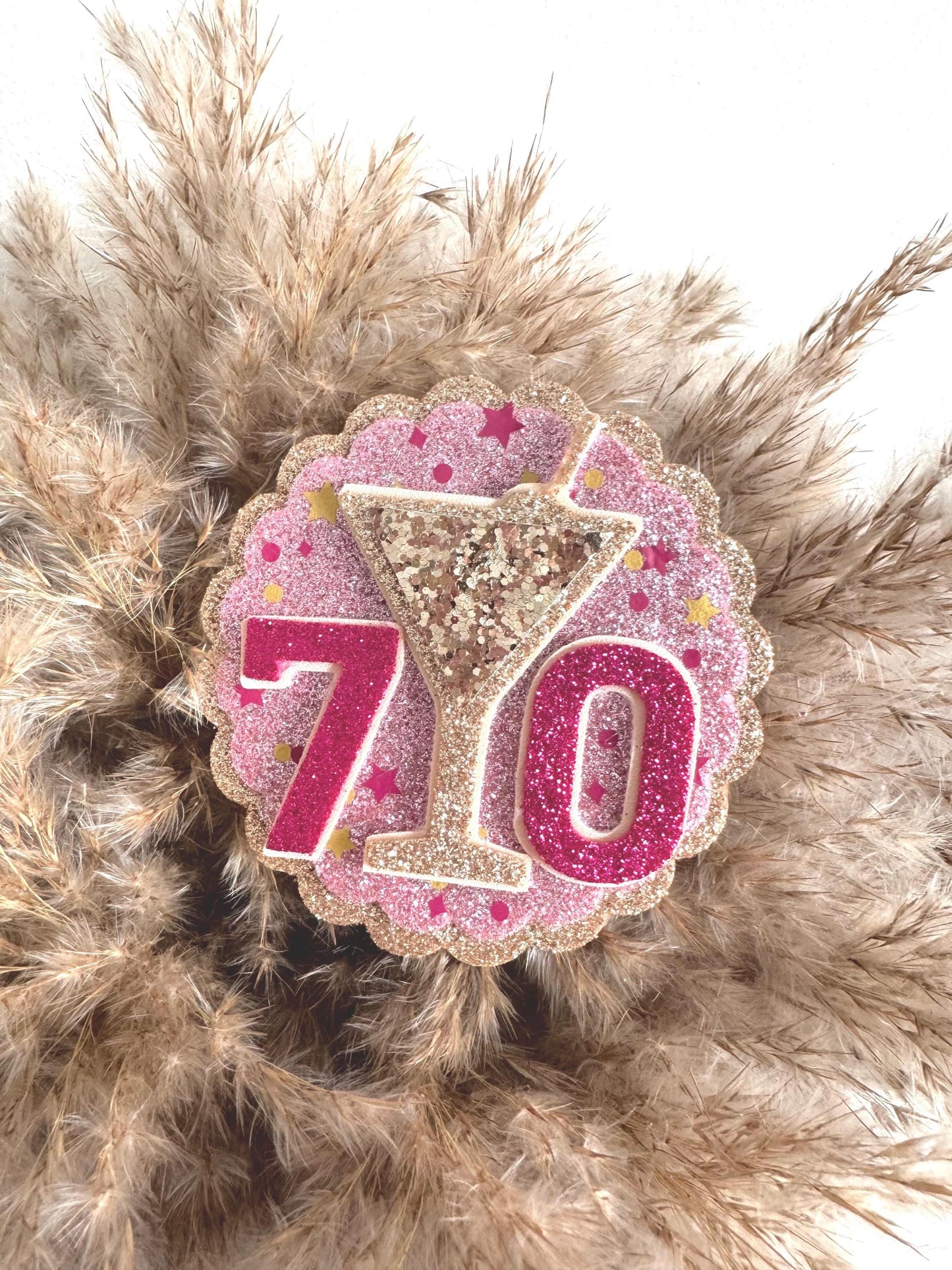 Personalised Any Age Birthday Badge Pink & Gold Glitter Martini Party Pin 70th 60th