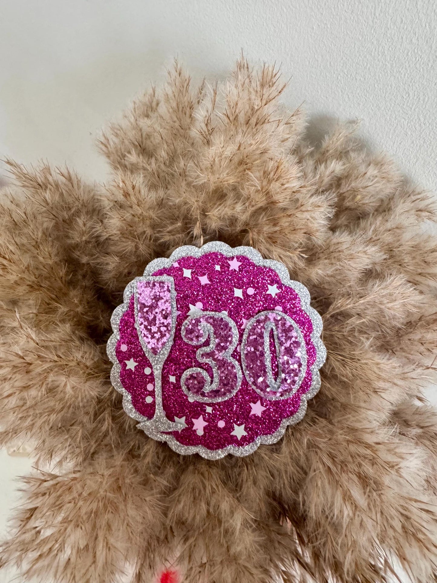 Sparkly Birthday Badge: Pink Glitter Milestone Party Pin