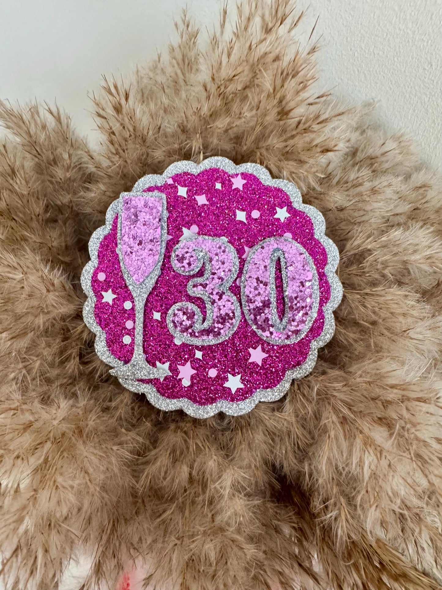 Sparkly Birthday Badge: Pink Glitter Milestone Party Pin