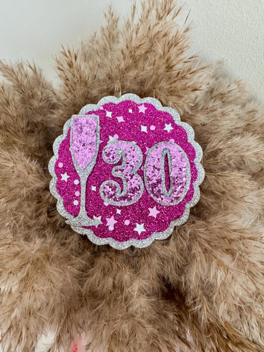 Sparkly Birthday Badge: Pink Glitter Milestone Party Pin