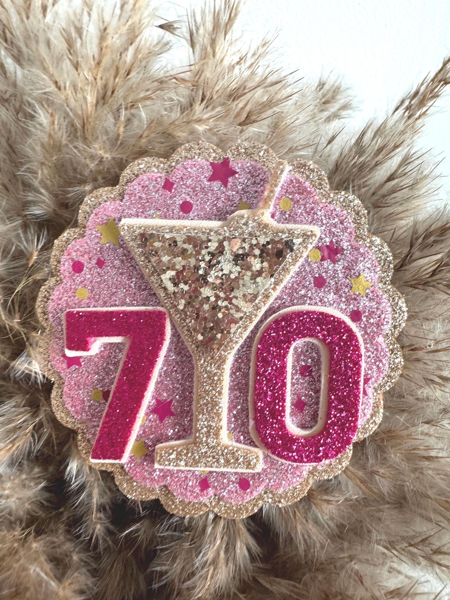 Personalised Any Age Birthday Badge Pink & Gold Glitter Martini Party Pin 70th 60th