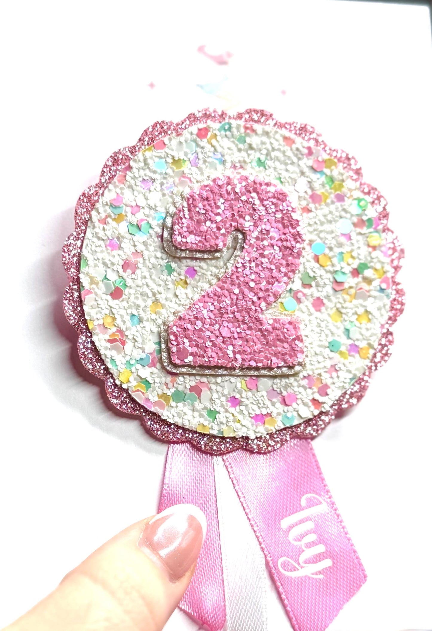 Pink Confetti Glitter Girls Birthday Badge, Any Age - Personalised