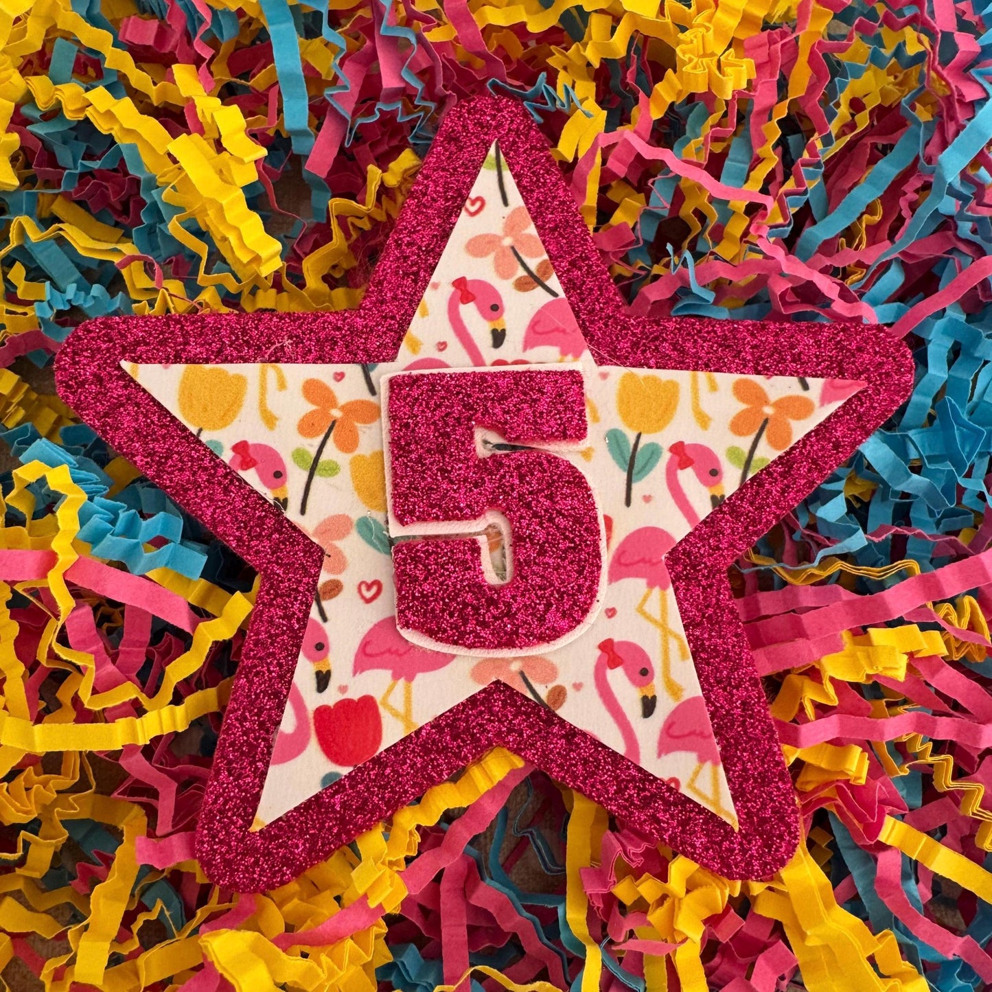 Flamingo Birthday Badge: Pink Glitter Star, Tropical Flowers