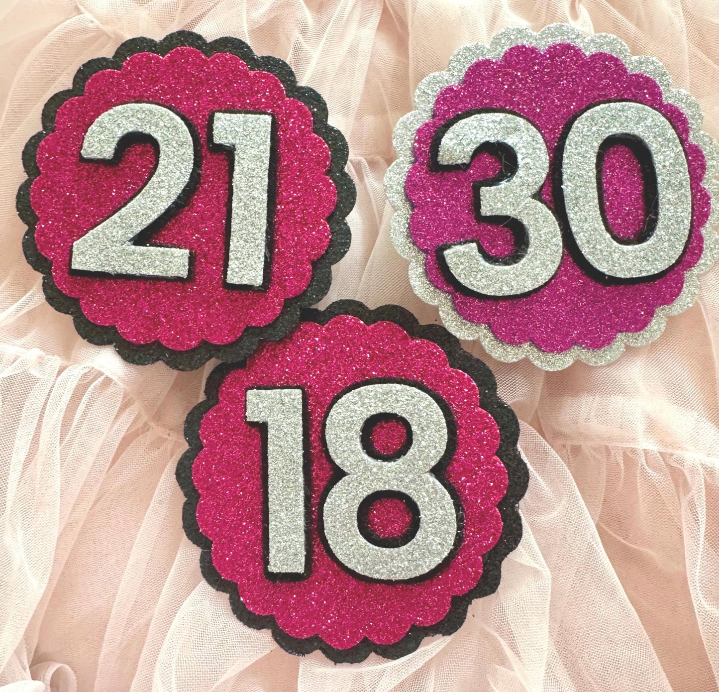 Glitter Birthday Badges: Pink & Silver Milestone Party Pins
