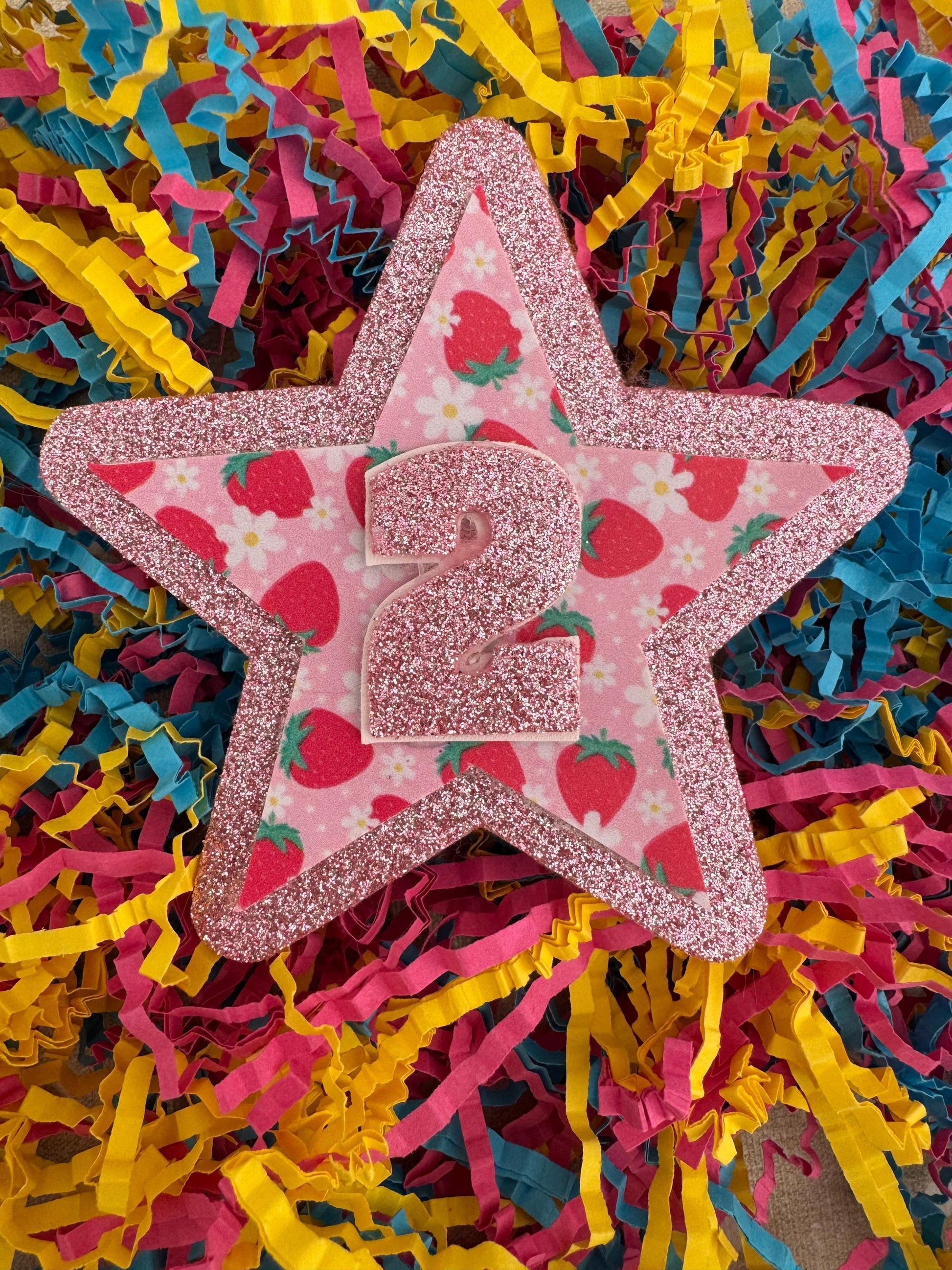 Strawberry and daisy birthday sparkle glitter star badge two berry all ages