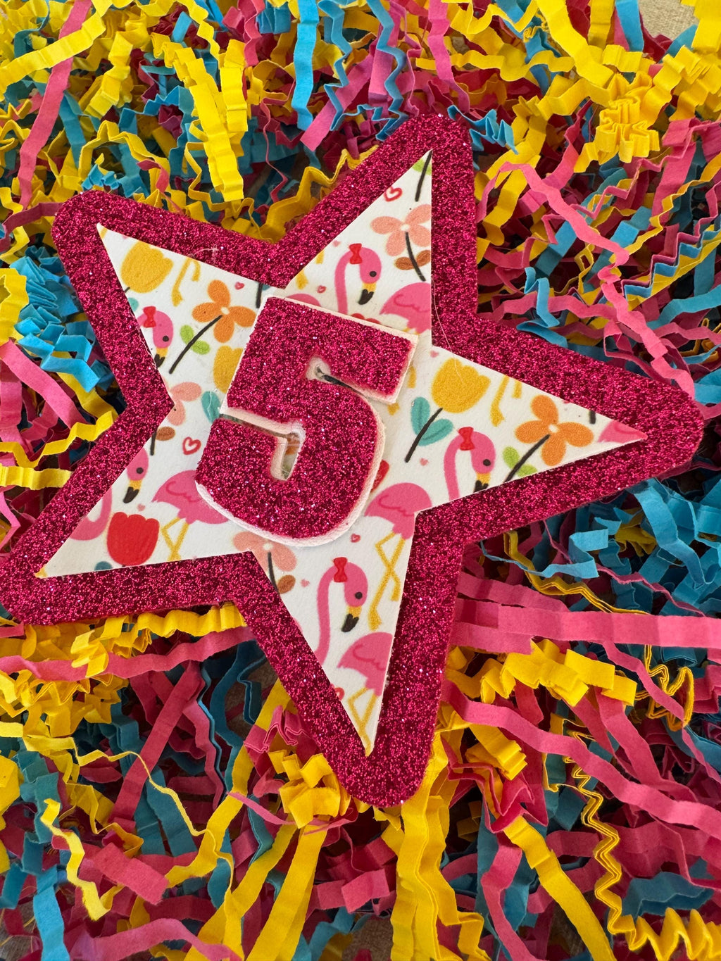 Flamingo and flowers hot pink birthday sparkle glitter star badge all ages