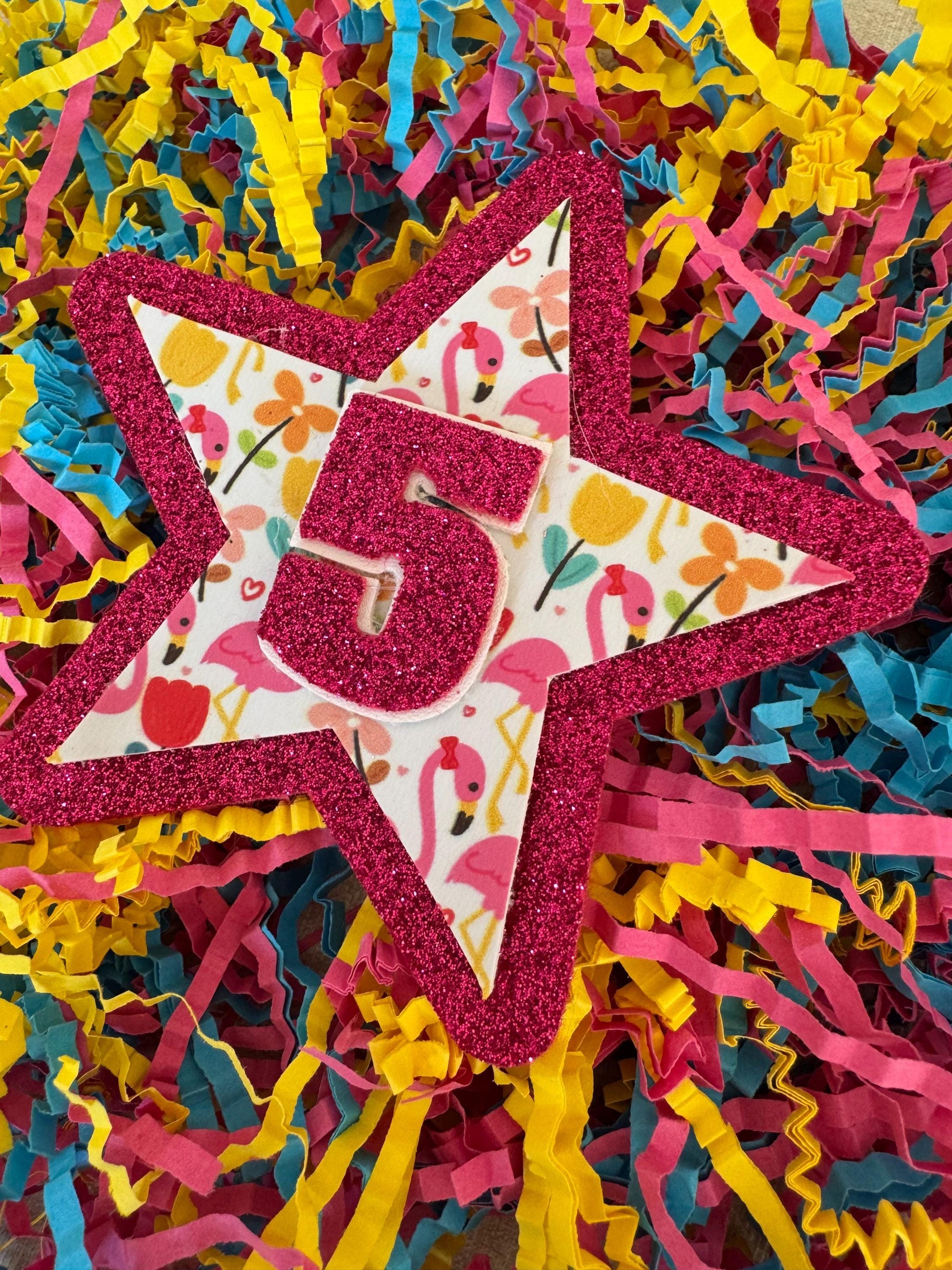 Flamingo and flowers hot pink birthday sparkle glitter star badge all ages