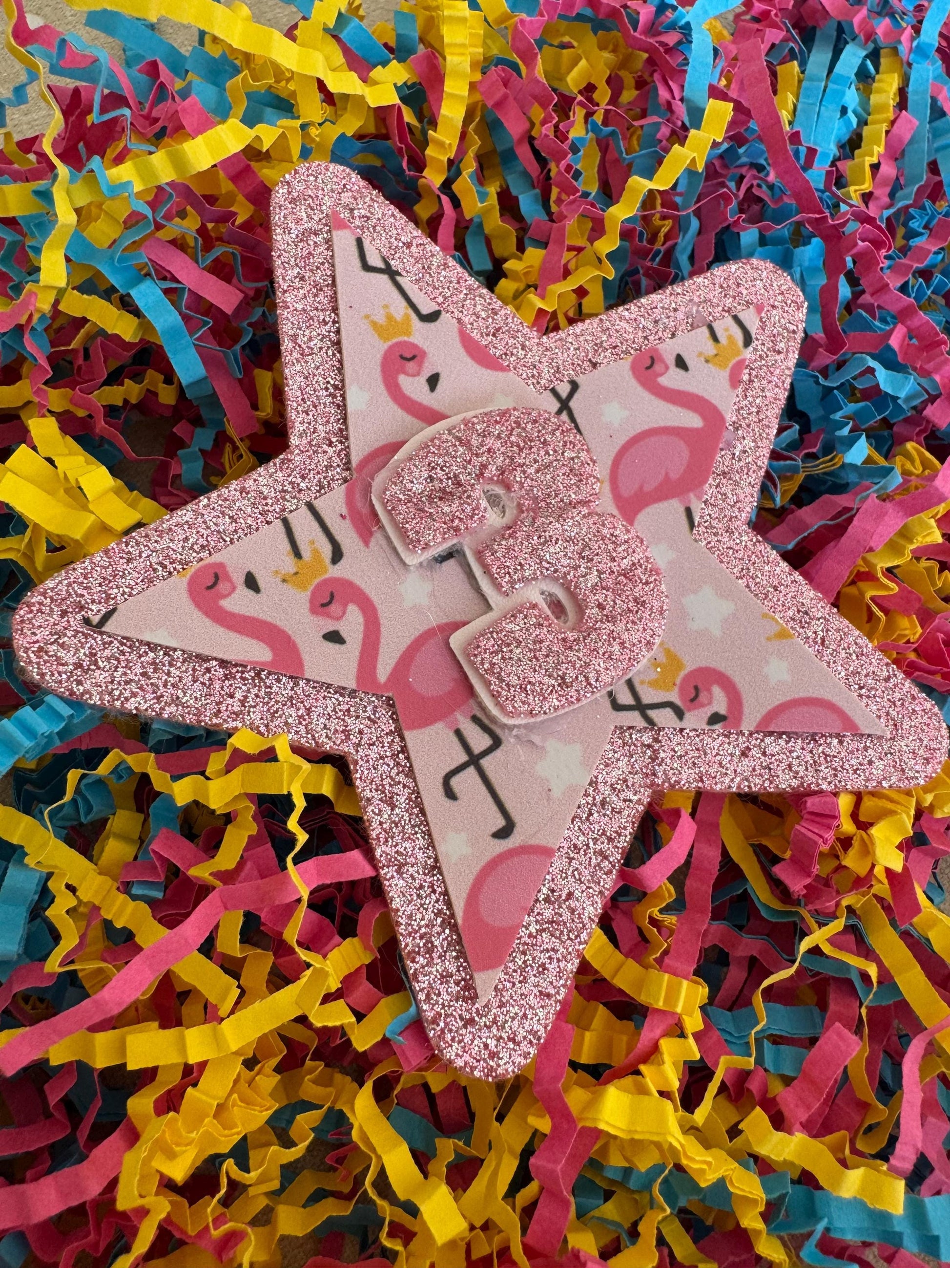 Flamingo baby pink birthday sparkle glitter star badge all ages