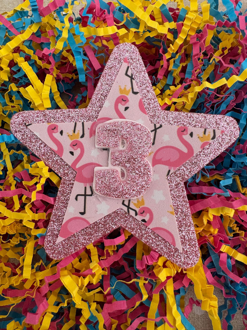 Flamingo baby pink birthday sparkle glitter star badge all ages