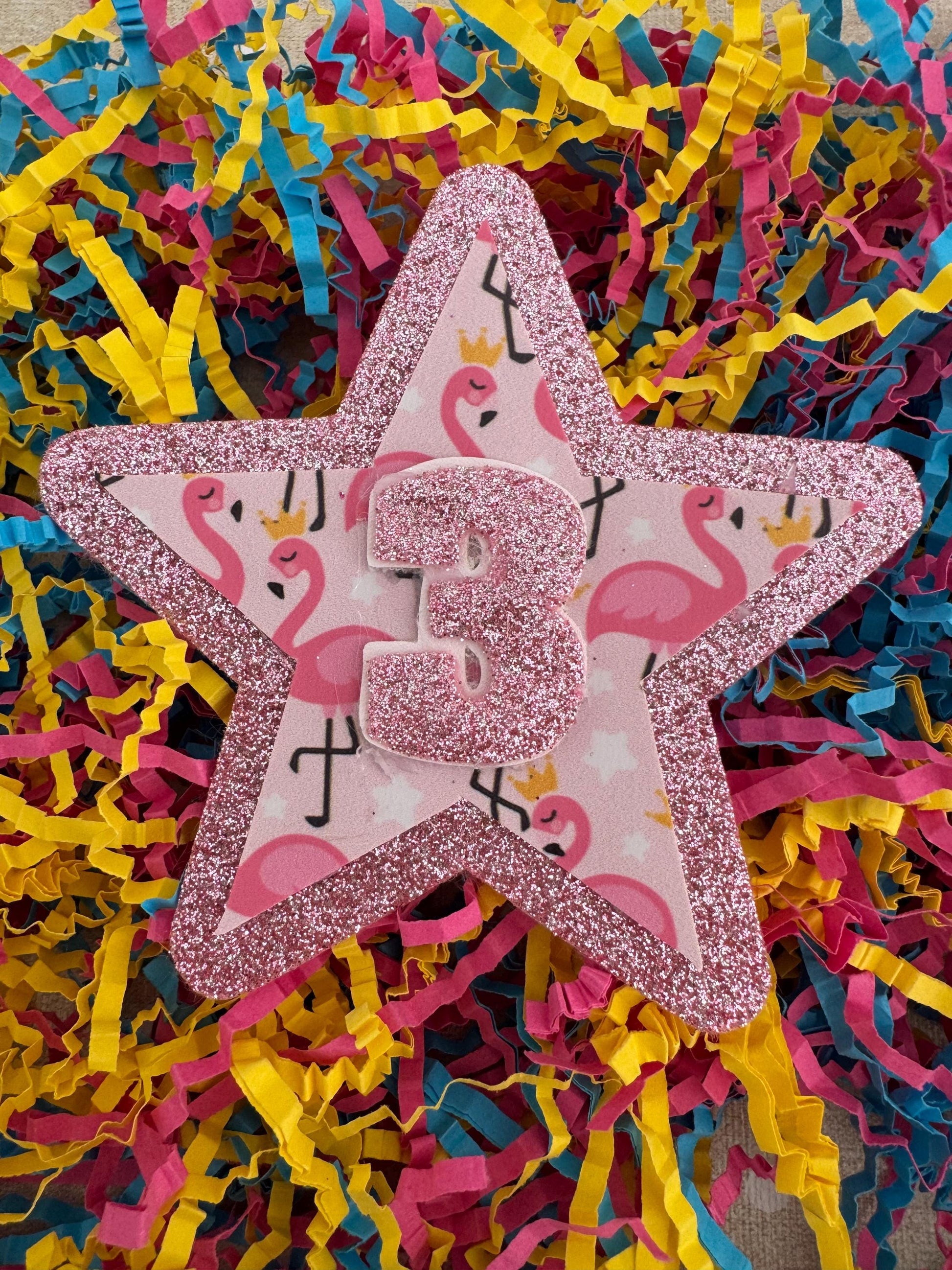 Flamingo baby pink birthday sparkle glitter star badge all ages